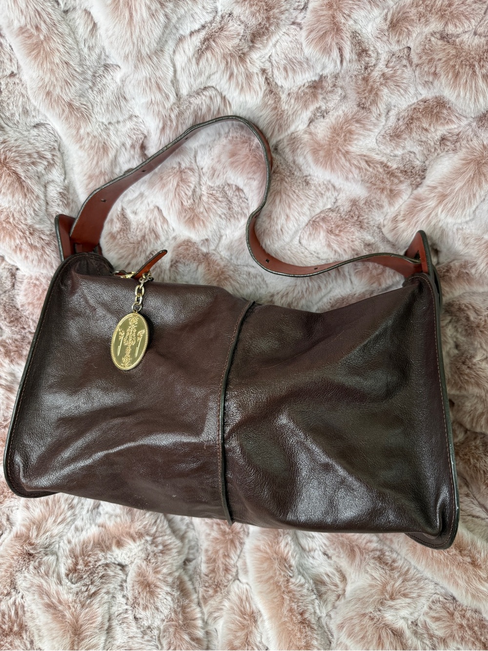 Hogan Vintage Brown Leather Hobo Shoulder Bag with Gold Medallion Charm